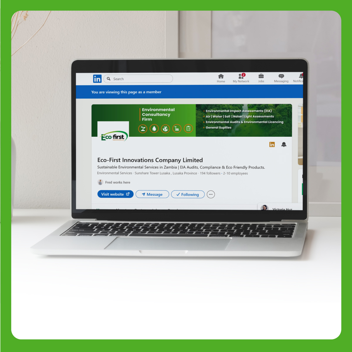 laptop showing eco-firsts linked in page for viewers to also connect on linkedin